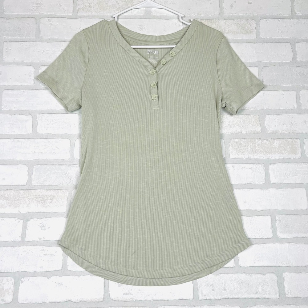 Duluth Trading Co Womens Sage Green Ribbed Henley Short Sleeve Top Size S‎
